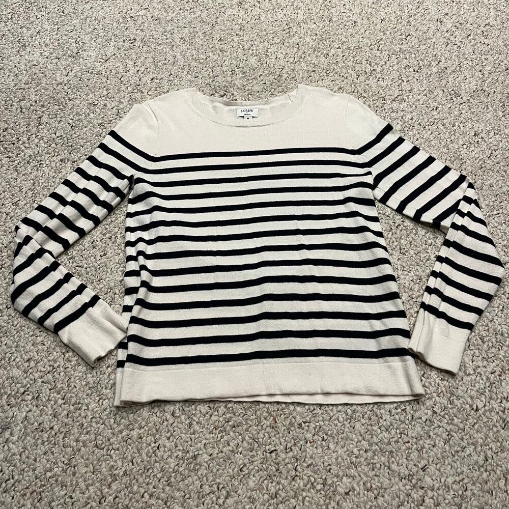 J Crew Striped Teddie Sweater M Cream Black Preppy Coastal Nautical Casual
